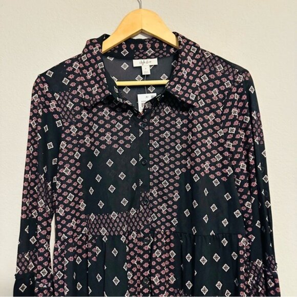 Style & Co Mesh Geometric Button Down Dress NWT Purple Black Size S - Picture 3 of 13